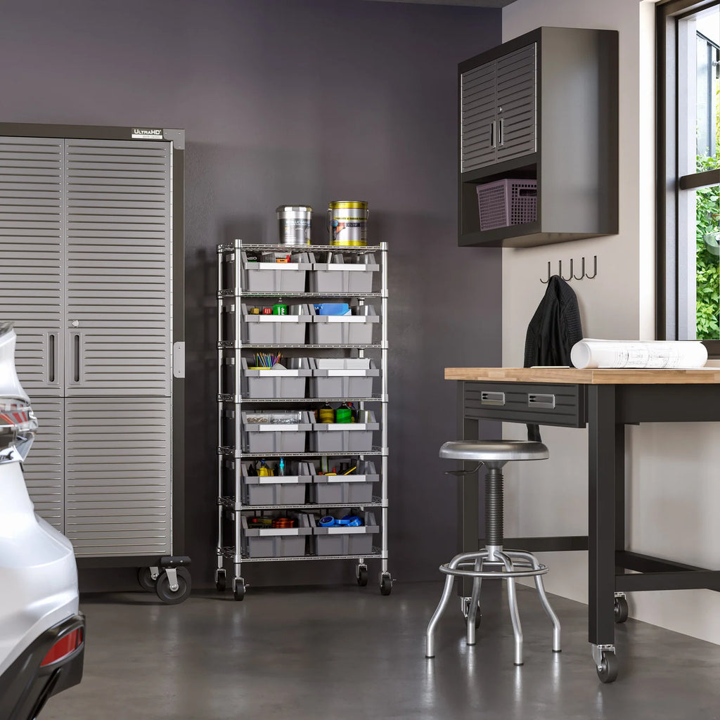 Rolling Bin Rack with 12 Grey Slide-Out Bins and Seven Steel Wire Shelves for Garage or Office Storage