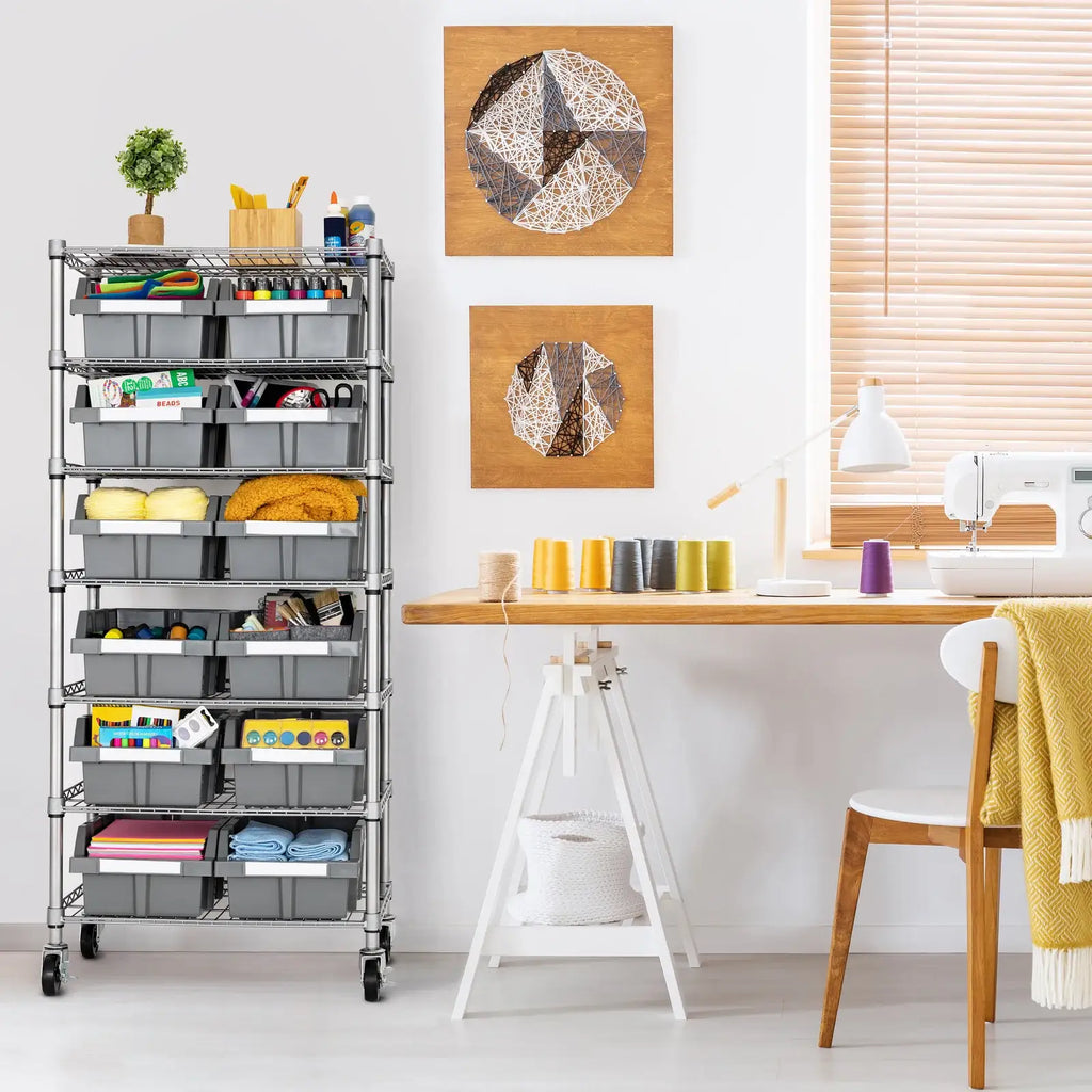 Rolling Bin Rack with 12 Grey Slide-Out Bins and Seven Steel Wire Shelves for Garage or Office Storage