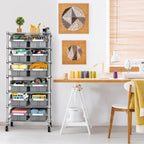 Rolling Bin Rack with 12 Grey Slide-Out Bins and Seven Steel Wire Shelves for Garage or Office Storage