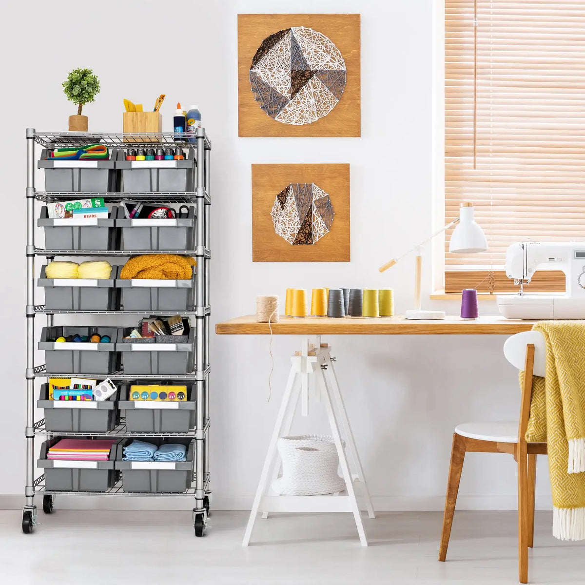 Rolling Bin Rack with 12 Grey Slide-Out Bins and Seven Steel Wire Shelves for Garage or Office Storage