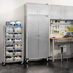 Rolling Bin Rack with 12 Grey Slide-Out Bins and Seven Steel Wire Shelves for Garage or Office Storage