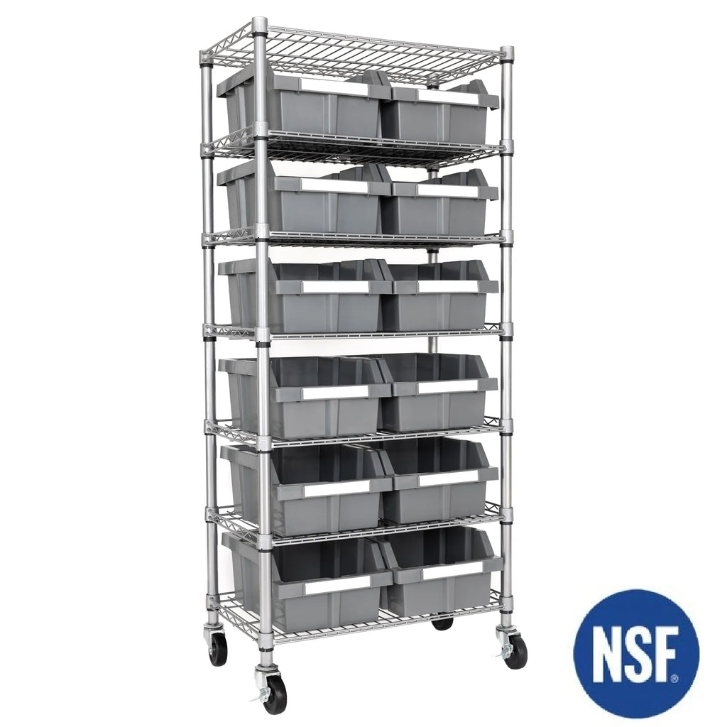 Rolling Bin Rack with 12 Grey Slide-Out Bins and Seven Steel Wire Shelves for Garage or Office Storage