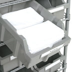 Rolling Bin Rack with 12 Grey Slide-Out Bins and Seven Steel Wire Shelves for Garage or Office Storage