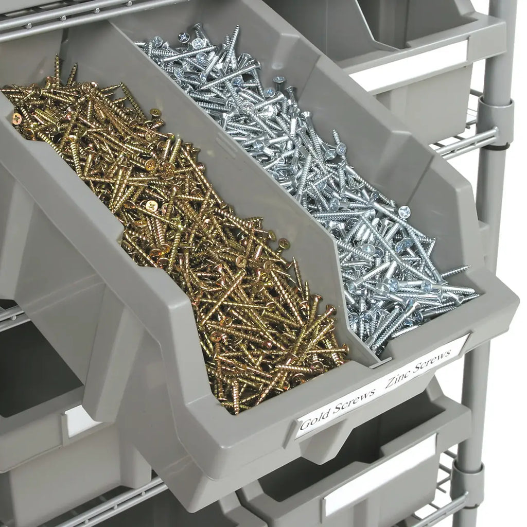 Rolling Bin Rack with 12 Grey Slide-Out Bins and Seven Steel Wire Shelves for Garage or Office Storage