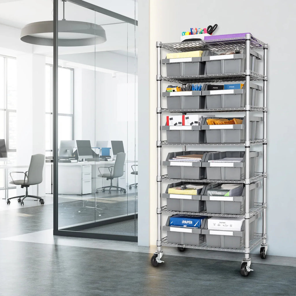 Rolling Bin Rack with 12 Grey Slide-Out Bins and Seven Steel Wire Shelves for Garage or Office Storage