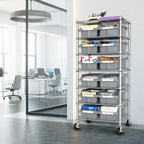 Rolling Bin Rack with 12 Grey Slide-Out Bins and Seven Steel Wire Shelves for Garage or Office Storage