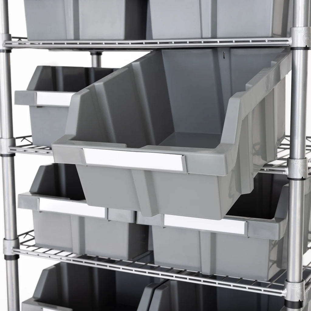 Rolling Bin Rack with 12 Grey Slide-Out Bins and Seven Steel Wire Shelves for Garage or Office Storage