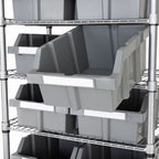 Rolling Bin Rack with 12 Grey Slide-Out Bins and Seven Steel Wire Shelves for Garage or Office Storage