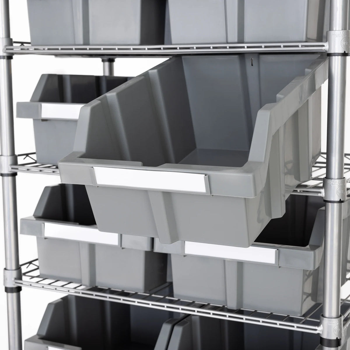 Rolling Bin Rack with 12 Grey Slide-Out Bins and Seven Steel Wire Shelves for Garage or Office Storage