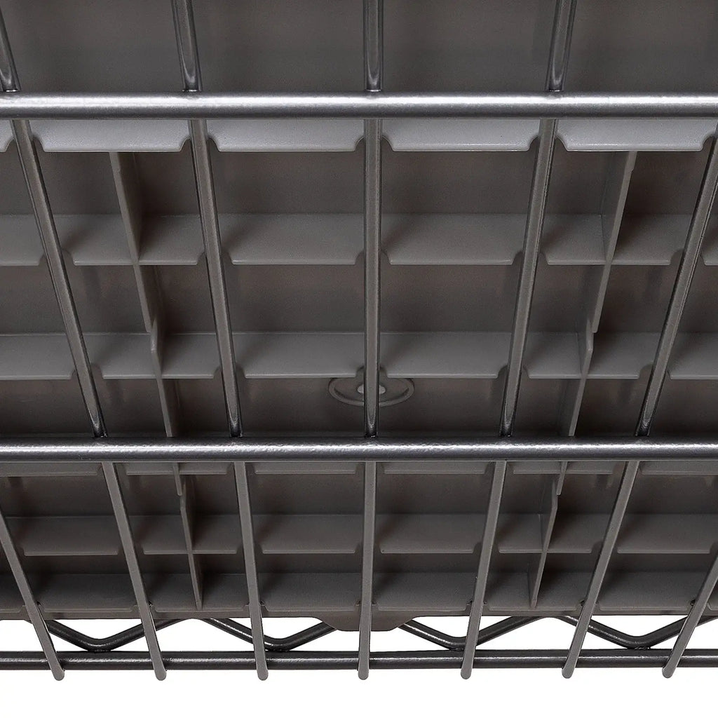 Rolling Bin Rack with 12 Grey Slide-Out Bins and Seven Steel Wire Shelves for Garage or Office Storage