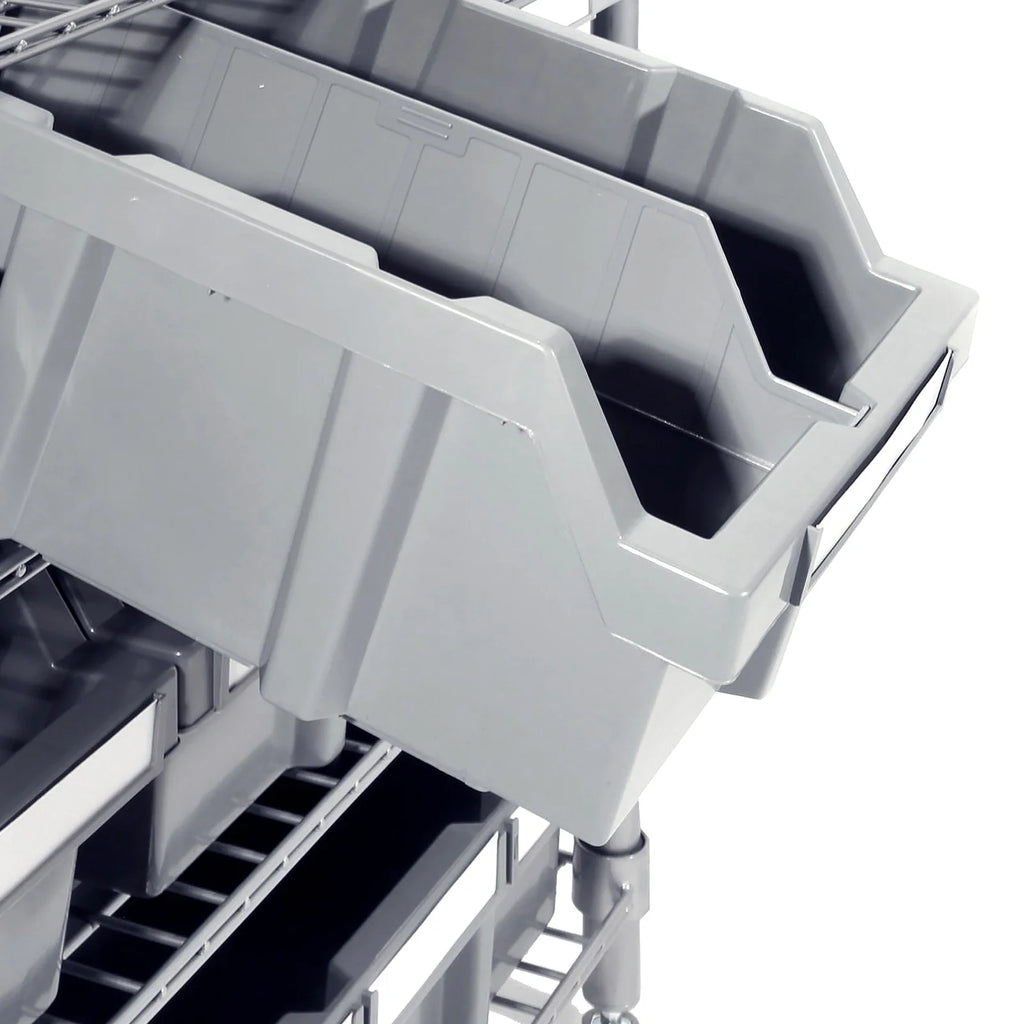Rolling Bin Rack with 12 Grey Slide-Out Bins and Seven Steel Wire Shelves for Garage or Office Storage