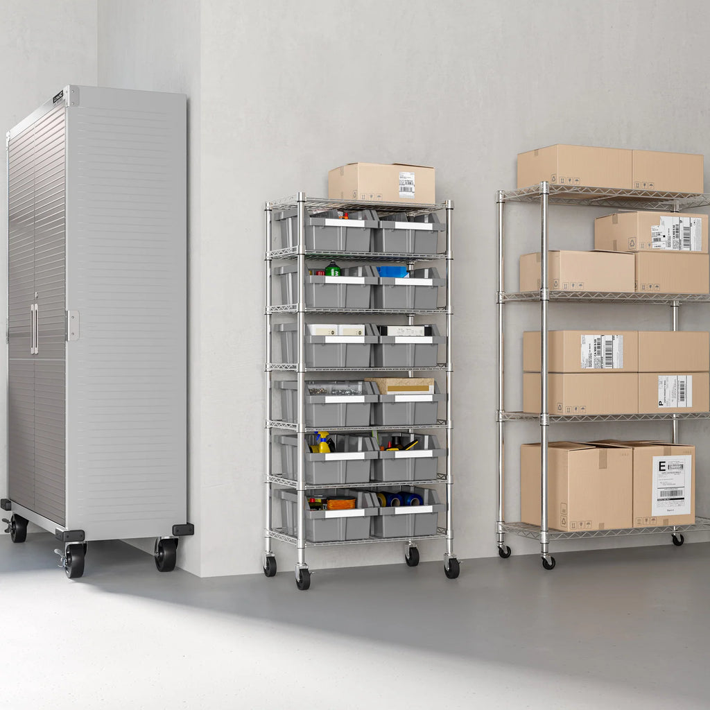 Rolling Bin Rack with 12 Grey Slide-Out Bins and Seven Steel Wire Shelves for Garage or Office Storage
