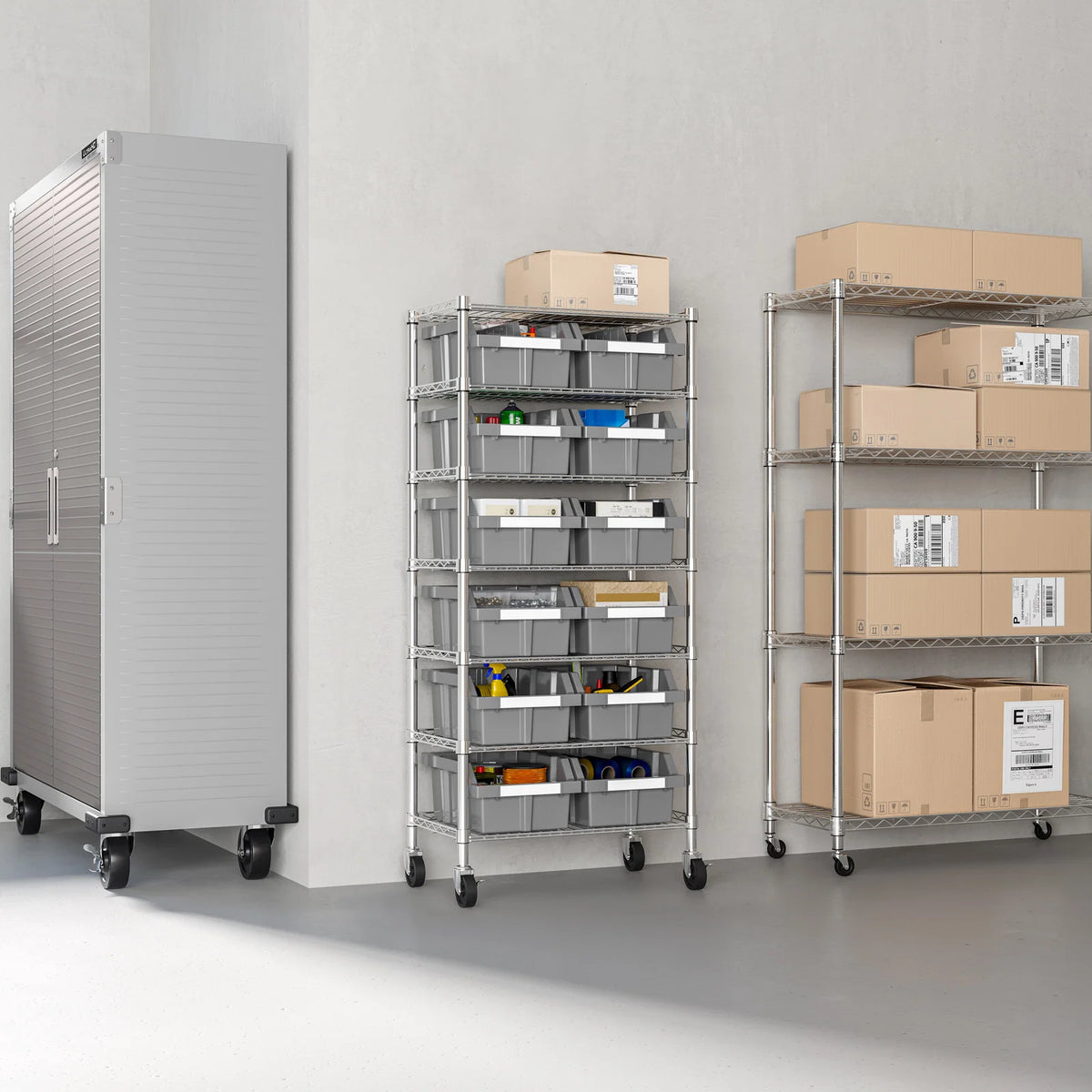 Rolling Bin Rack with 12 Grey Slide-Out Bins and Seven Steel Wire Shelves for Garage or Office Storage