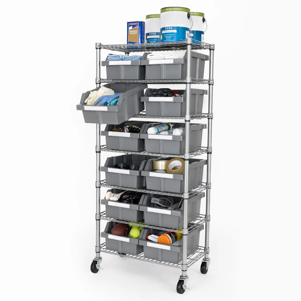 Rolling Bin Rack with 12 Grey Slide-Out Bins and Seven Steel Wire Shelves for Garage or Office Storage