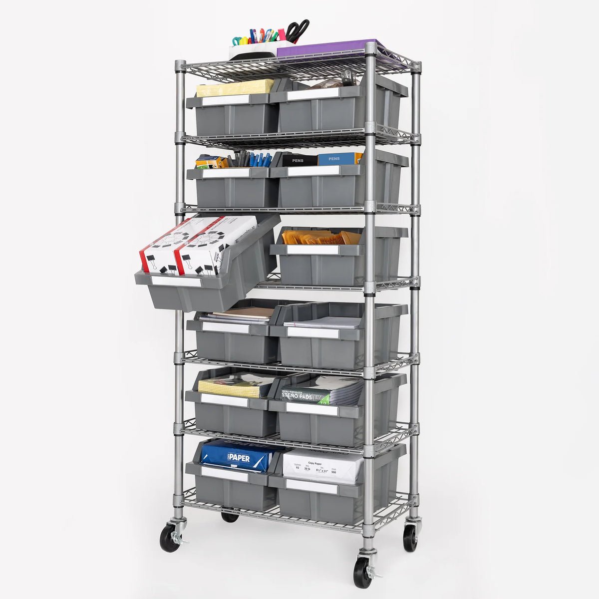 Rolling Bin Rack with 12 Grey Slide-Out Bins and Seven Steel Wire Shelves for Garage or Office Storage