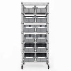 Rolling Bin Rack with 12 Grey Slide-Out Bins and Seven Steel Wire Shelves for Garage or Office Storage