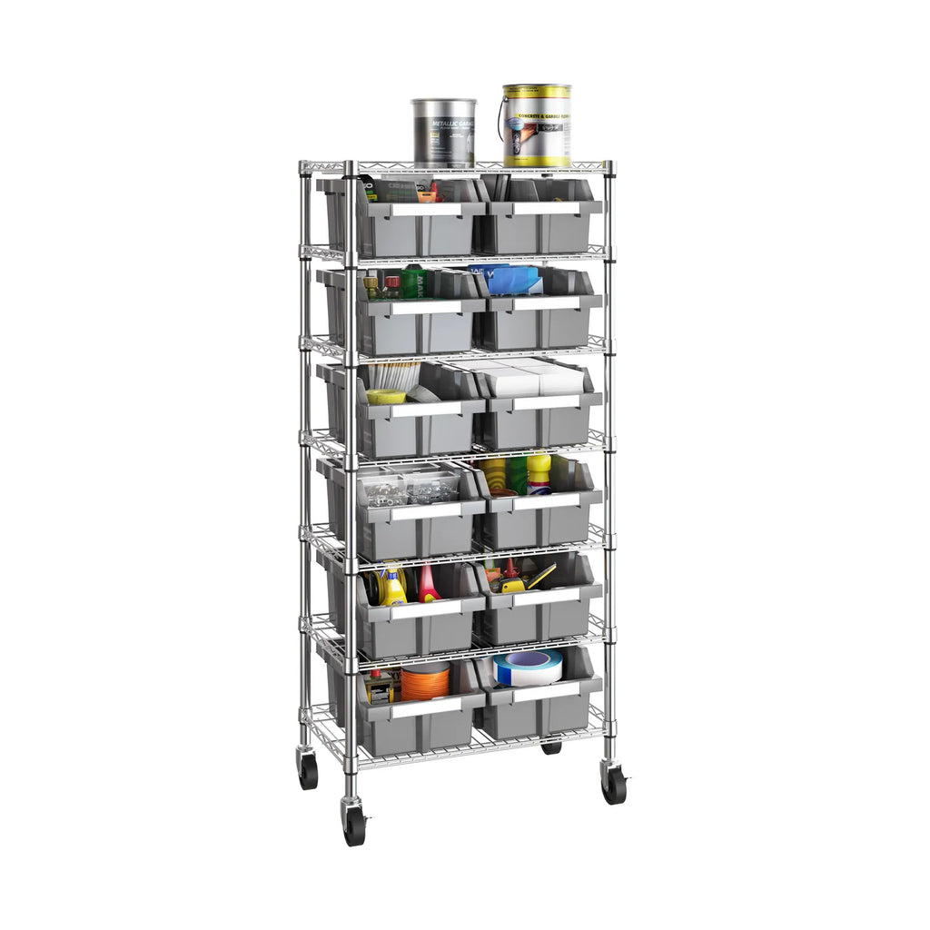 Rolling Bin Rack with 12 Grey Slide-Out Bins and Seven Steel Wire Shelves for Garage or Office Storage