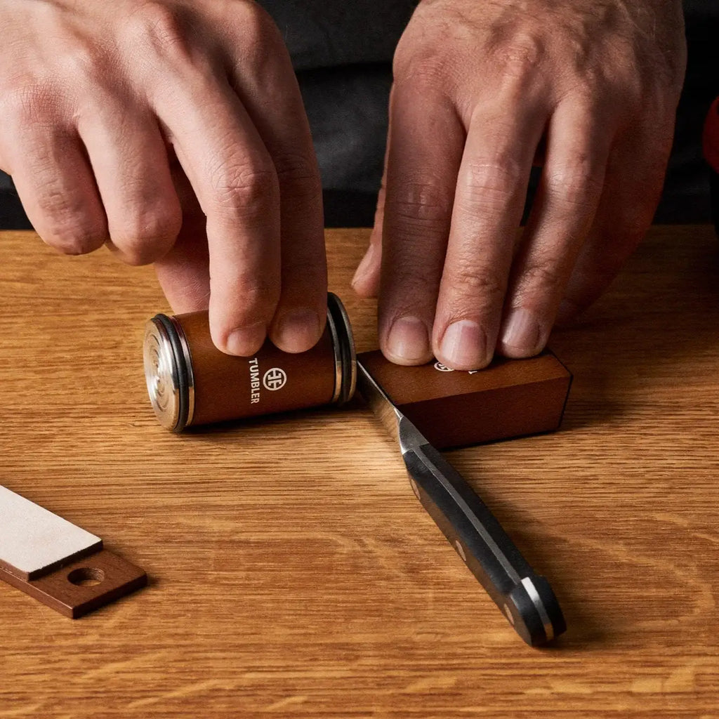 Rolling Knife Sharpener for Small Blades with 20°/25° Angle Block, Leather Strop and Protective Zip Case