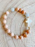 Rosary Bracelet with Rosewood and Aquamarine Beads, Mother of Pearl Cross, Stretch Fit and Prayer Card