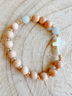 Rosary Bracelet with Rosewood and Aquamarine Beads, Mother of Pearl Cross, Stretch Fit and Prayer Card
