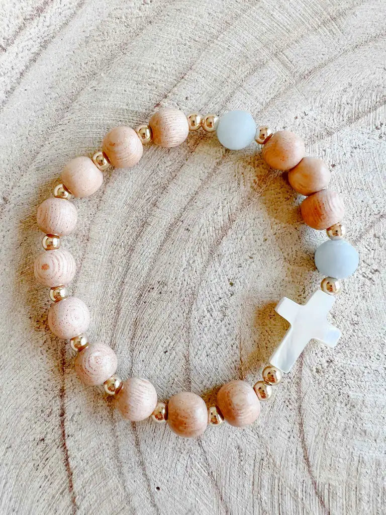 Rosary Bracelet with Rosewood and Aquamarine Beads, Mother of Pearl Cross, Stretch Fit and Prayer Card