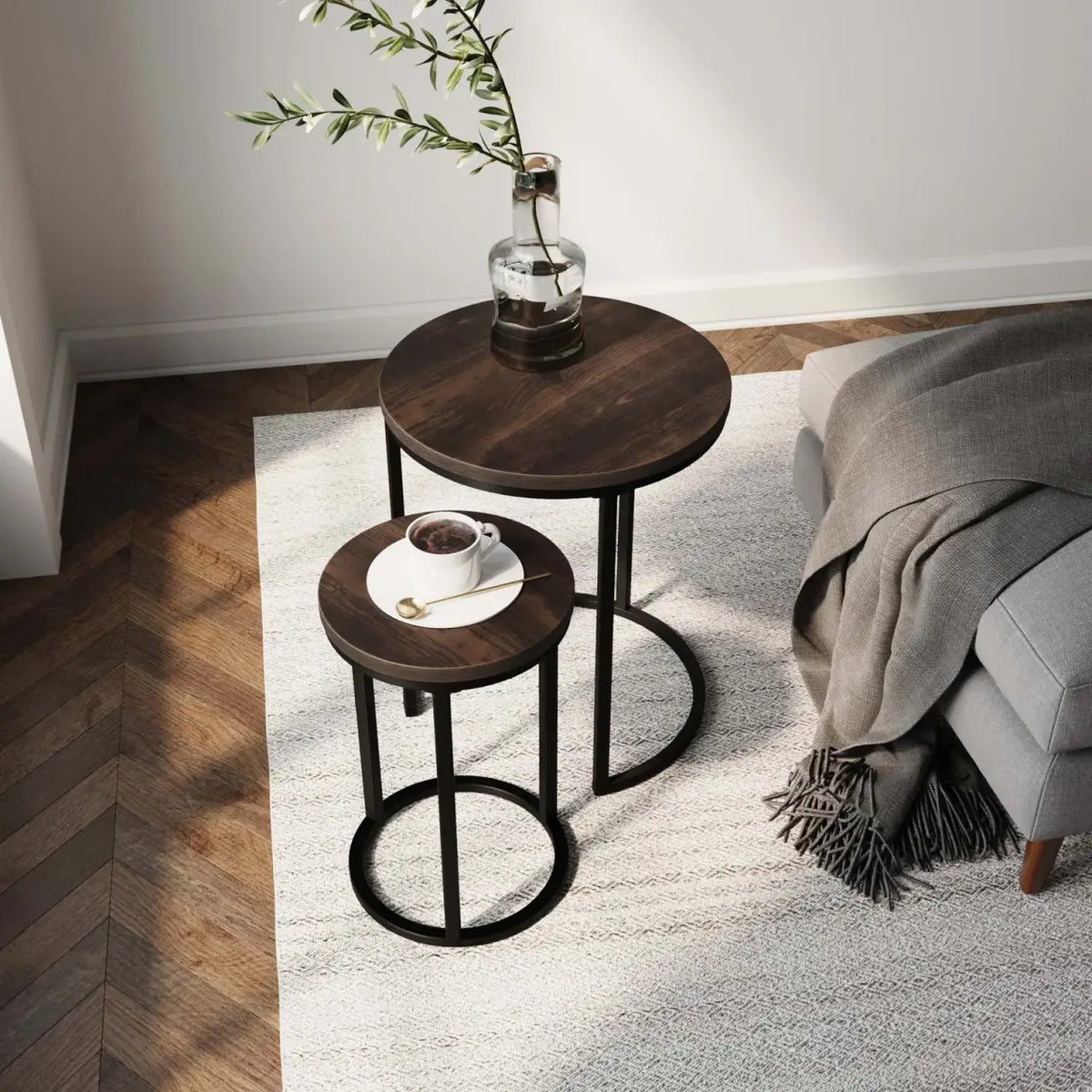 Round End Table Set in Nutmeg and Matte Black