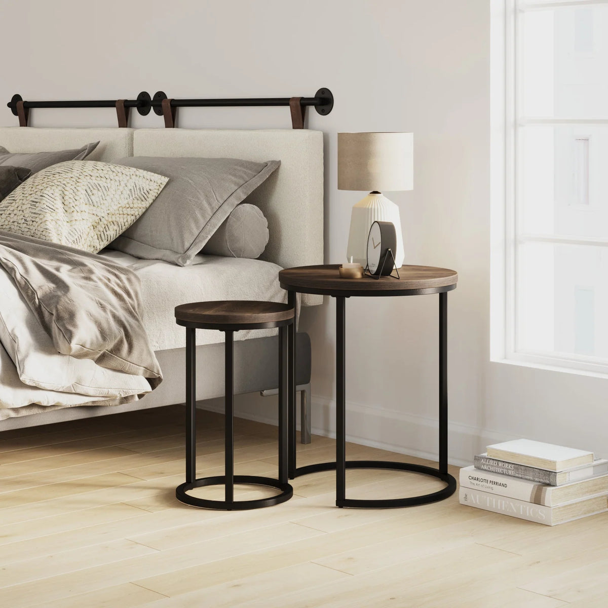 Round End Table Set in Nutmeg and Matte Black