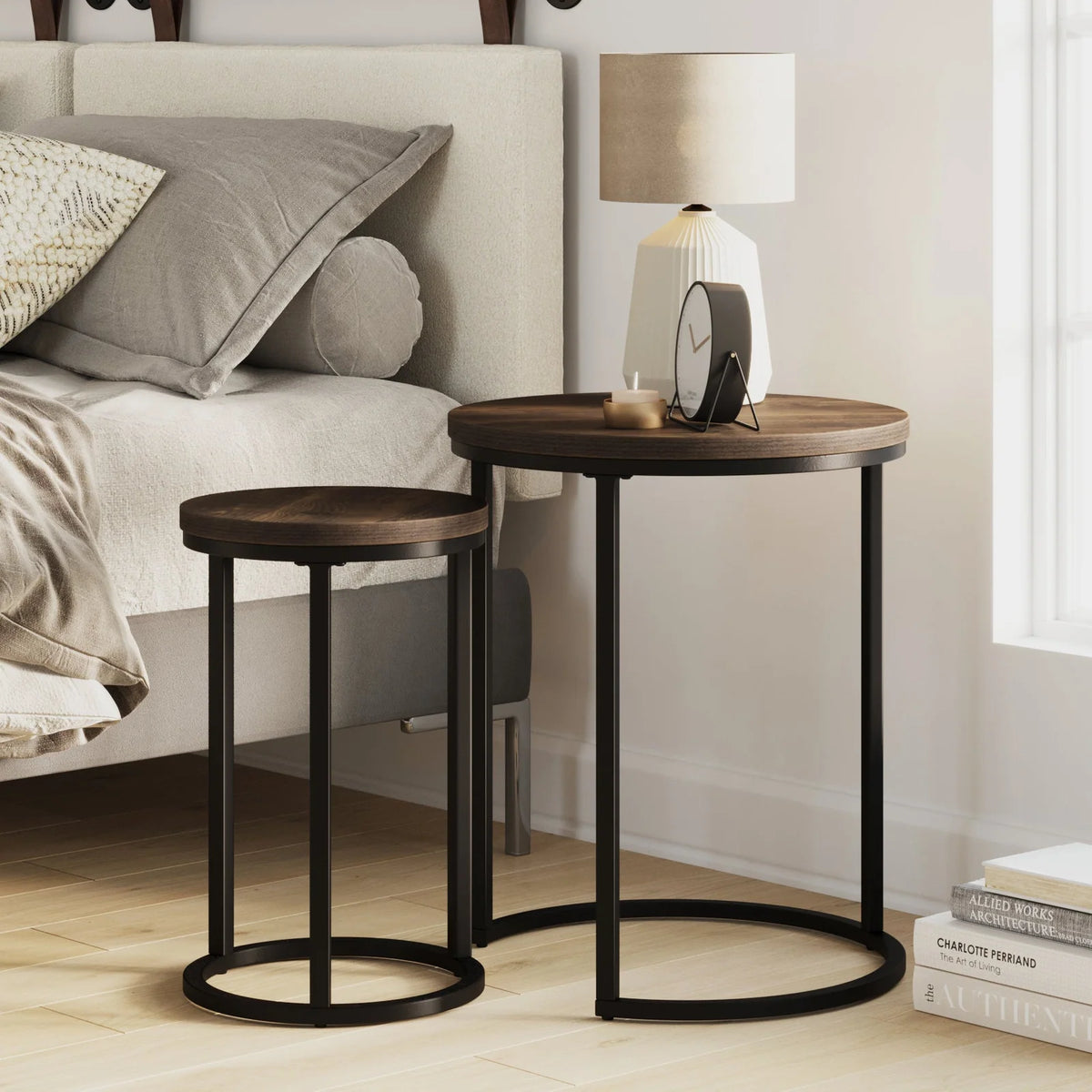 Round End Table Set in Nutmeg and Matte Black