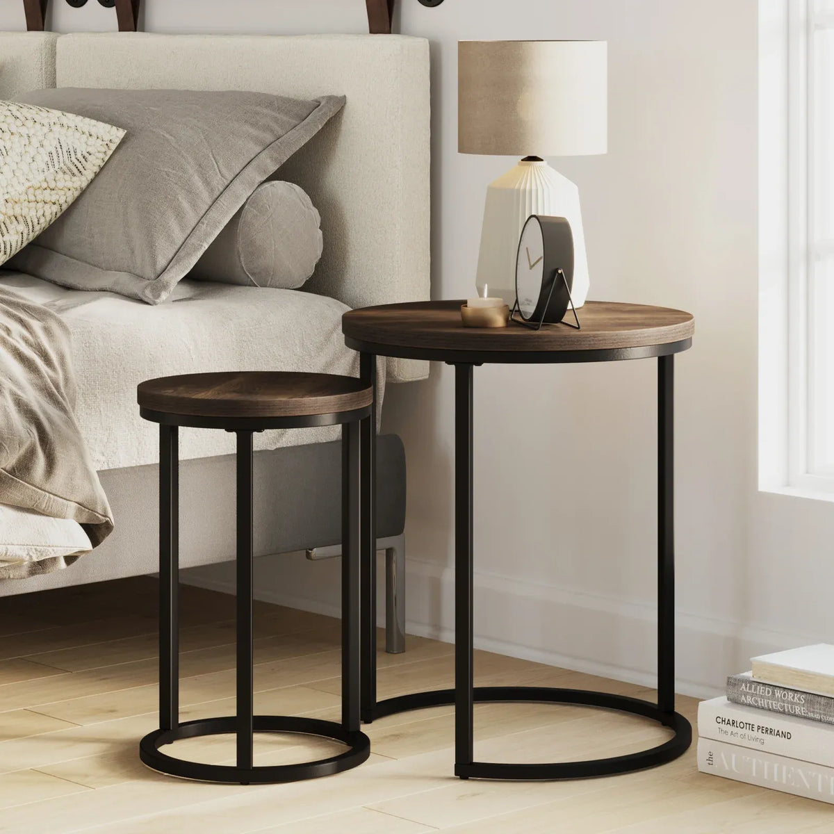 Round End Table Set in Nutmeg and Matte Black, Nutmeg-Matte Black