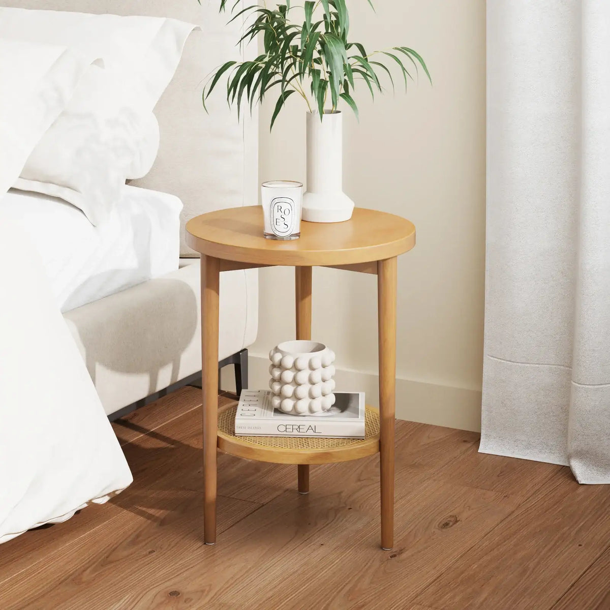 Round End Table, Warm Pine-Warm Synthetic Rattan
