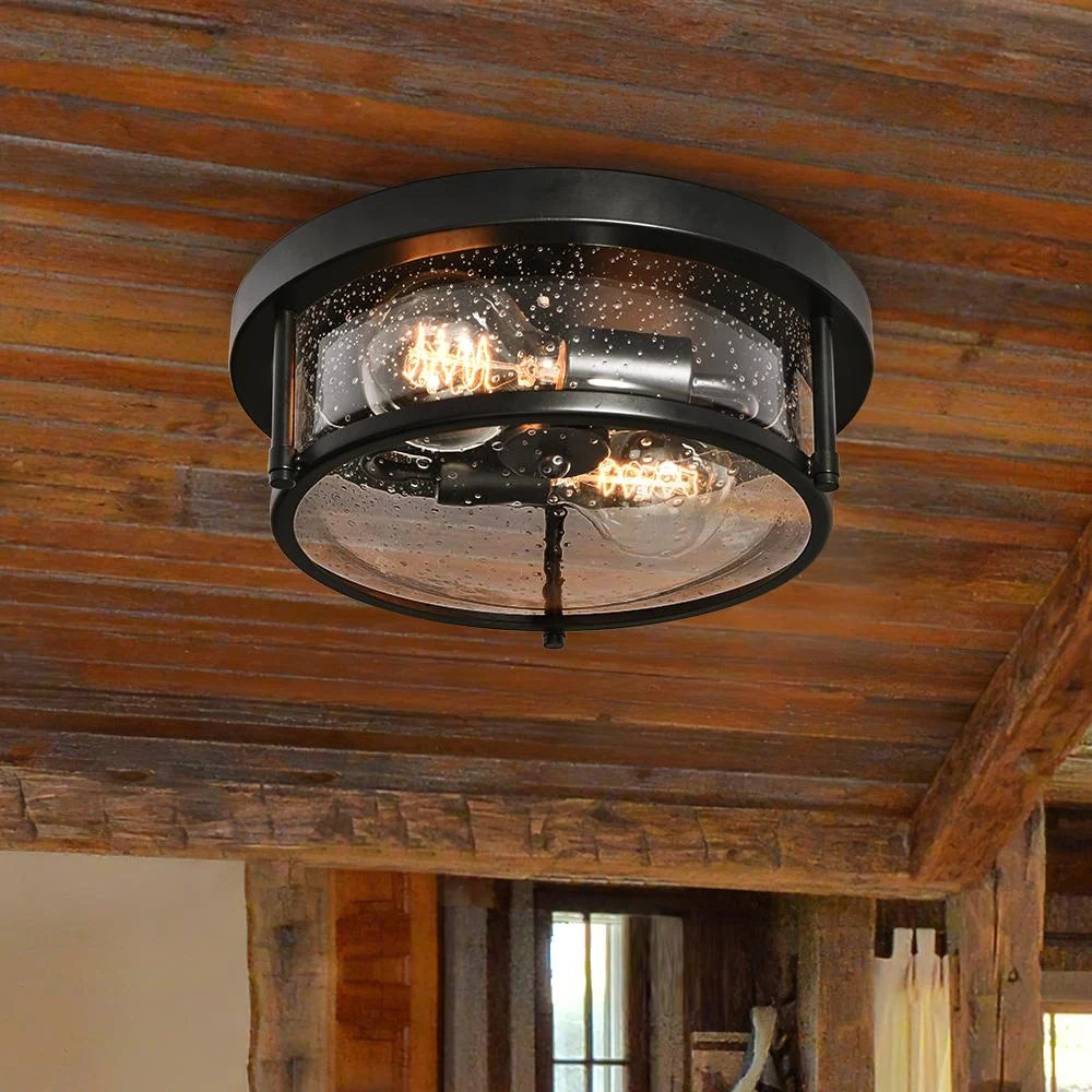 Round Glass Flush Mount Ceiling Light with Two E26 Sockets, Seeded Glass Shade and Black Metal Frame