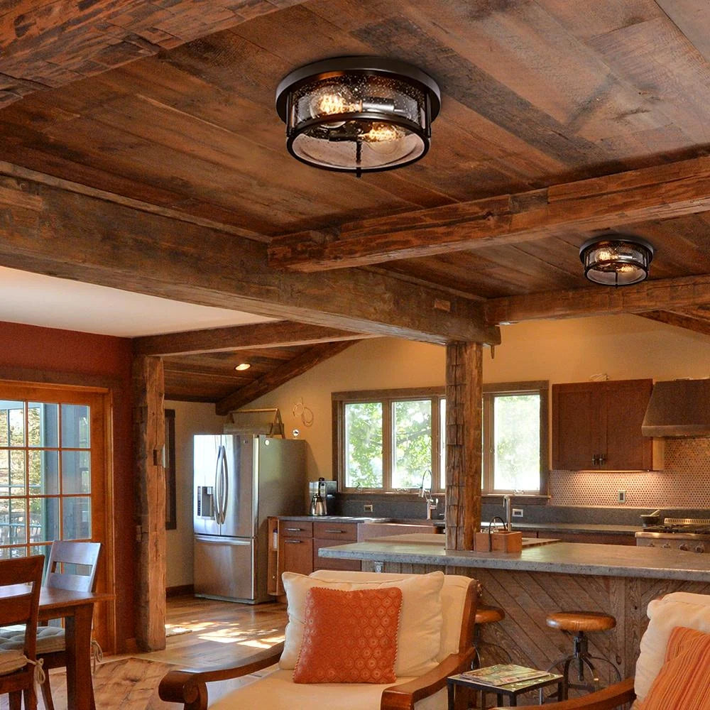 Round Glass Flush Mount Ceiling Light with Two E26 Sockets, Seeded Glass Shade and Black Metal Frame