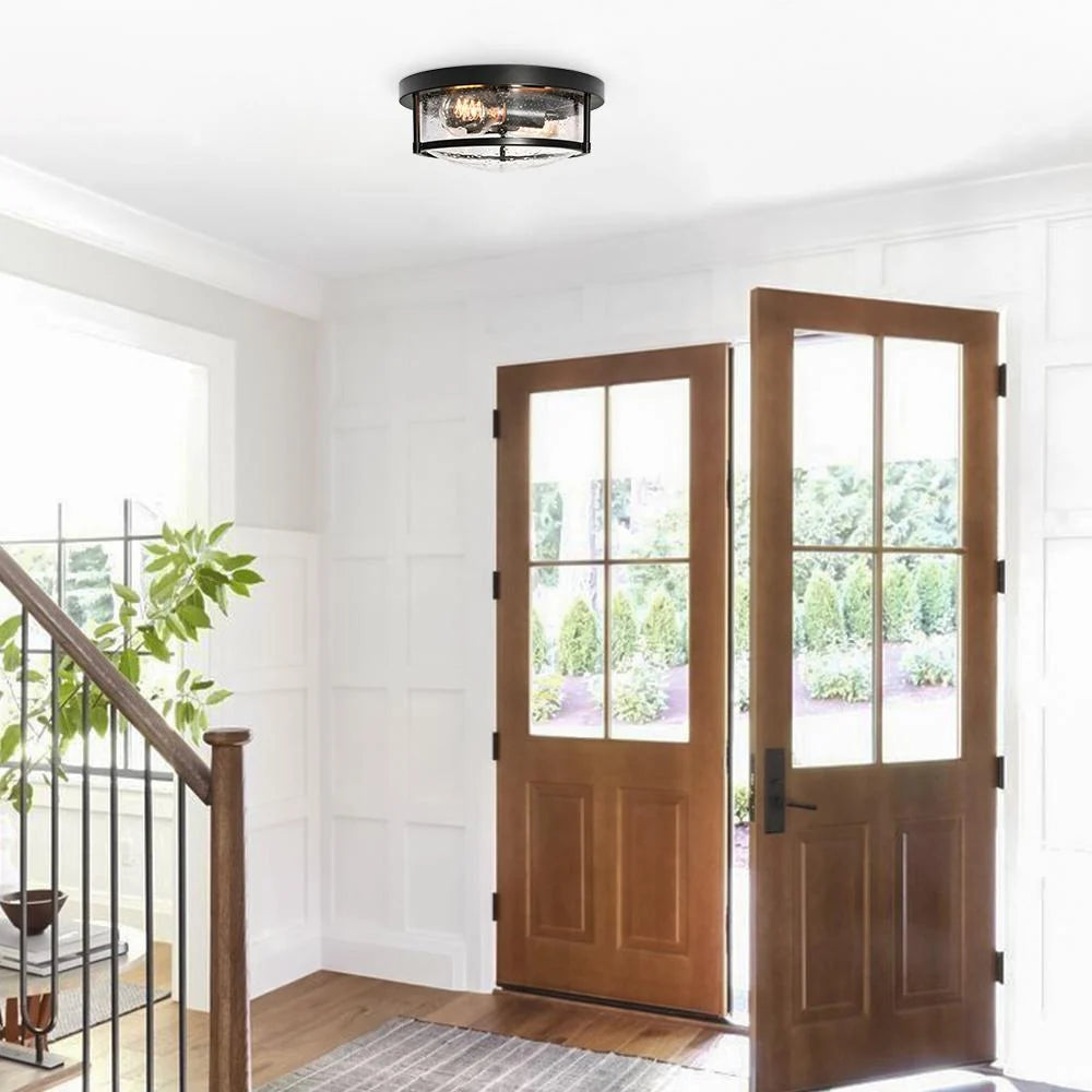 Round Glass Flush Mount Ceiling Light with Two E26 Sockets, Seeded Glass Shade and Black Metal Frame