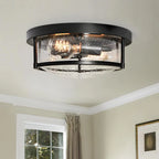 Round Glass Flush Mount Ceiling Light with Two E26 Sockets, Seeded Glass Shade and Black Metal Frame