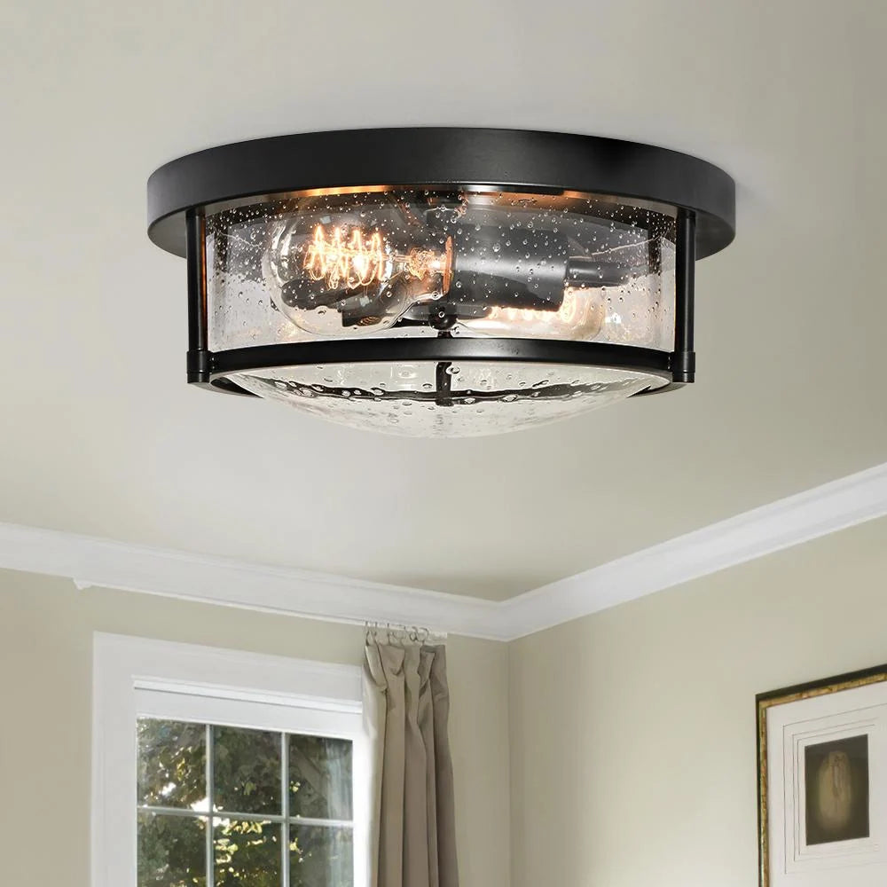 Round Glass Flush Mount Ceiling Light with Two E26 Sockets, Seeded Glass Shade and Black Metal Frame