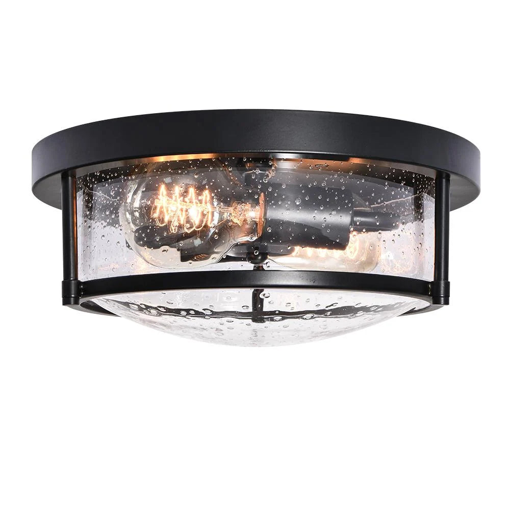 Round Glass Flush Mount Ceiling Light with Two E26 Sockets, Seeded Glass Shade and Black Metal Frame