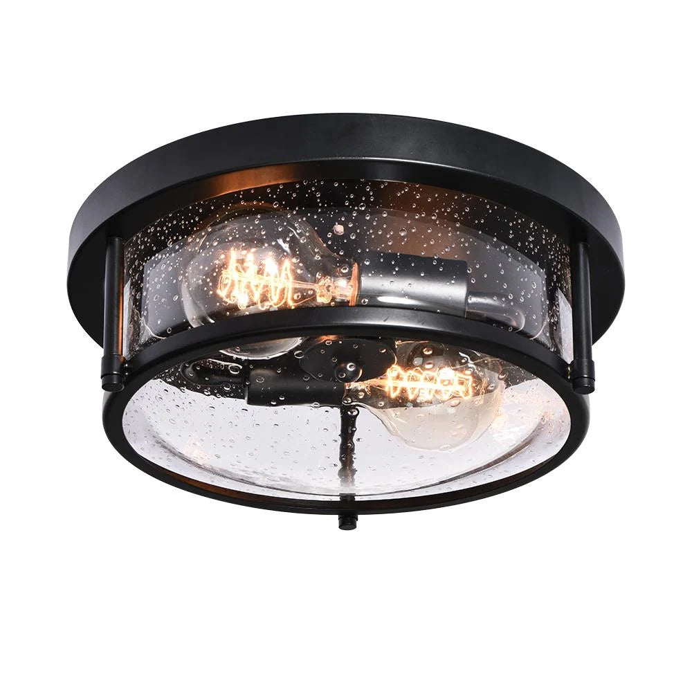 Round Glass Flush Mount Ceiling Light with Two E26 Sockets, Seeded Glass Shade and Black Metal Frame