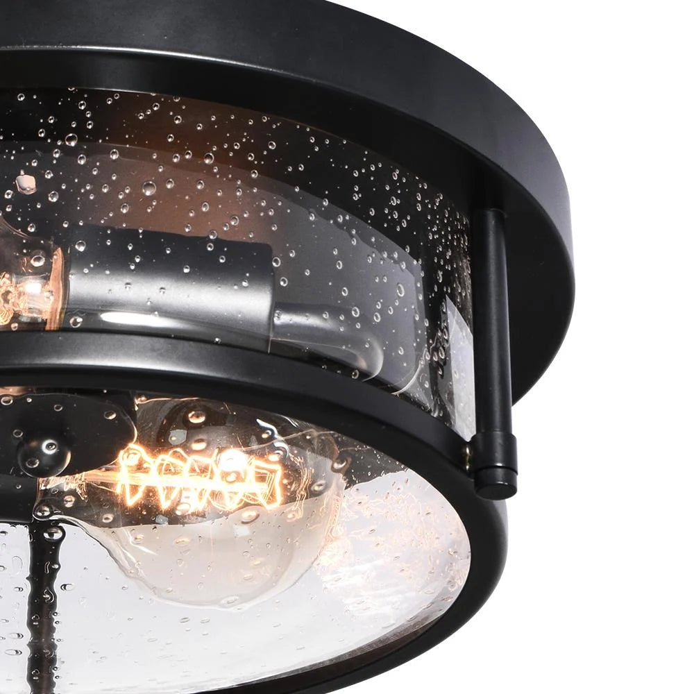 Round Glass Flush Mount Ceiling Light with Two E26 Sockets, Seeded Glass Shade and Black Metal Frame