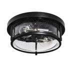 Round Glass Flush Mount Ceiling Light with Two E26 Sockets, Seeded Glass Shade and Black Metal Frame