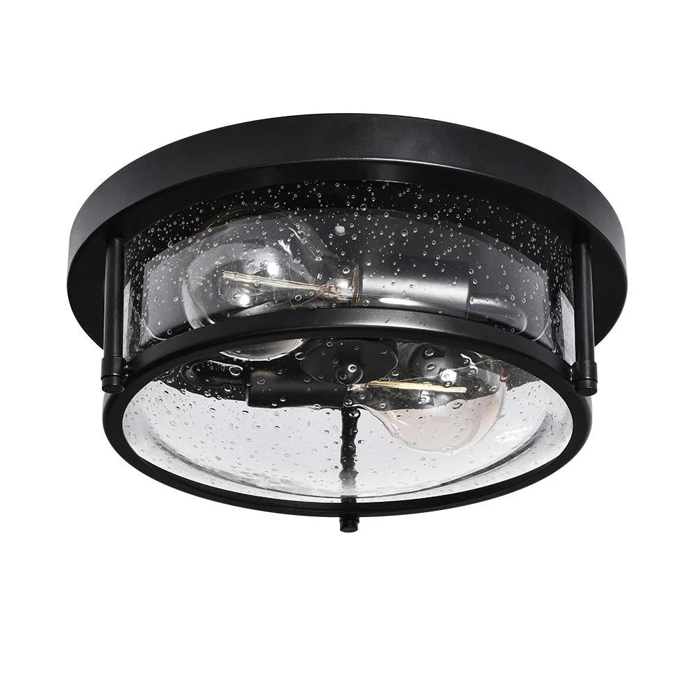 Round Glass Flush Mount Ceiling Light with Two E26 Sockets, Seeded Glass Shade and Black Metal Frame
