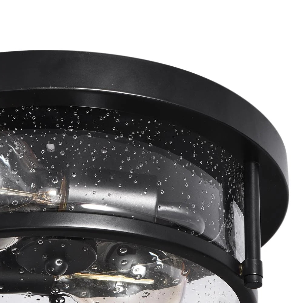 Round Glass Flush Mount Ceiling Light with Two E26 Sockets, Seeded Glass Shade and Black Metal Frame