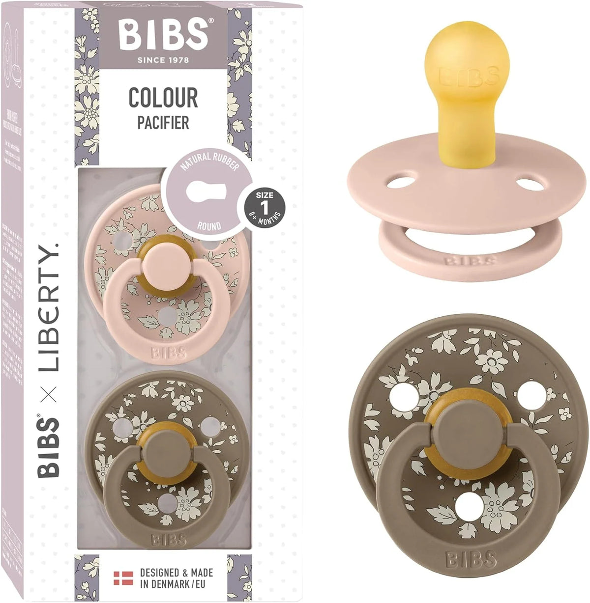 Round Latex Pacifiers, 2-Pack with Liberty-Inspired Designs and Size 1 or 2 for Babies · Pack of 2 pacifiers