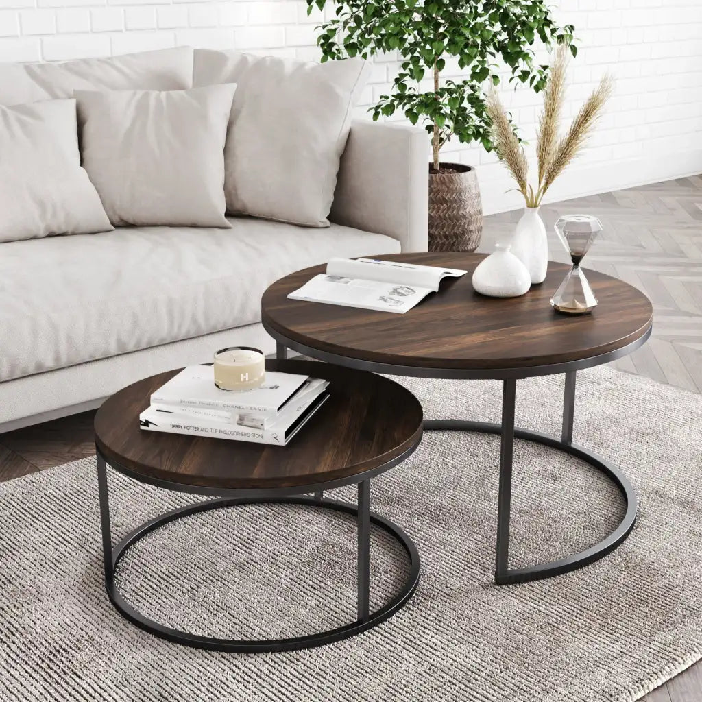 Round Nesting Coffee Table Set in Reclaimed Oak and Gunmetal