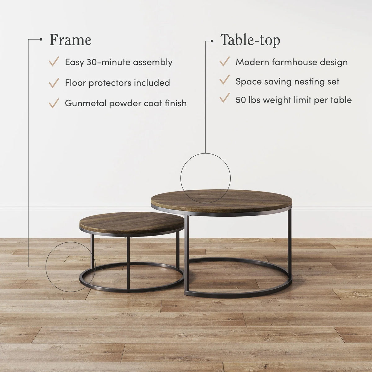 Round Nesting Coffee Table Set in Reclaimed Oak and Gunmetal