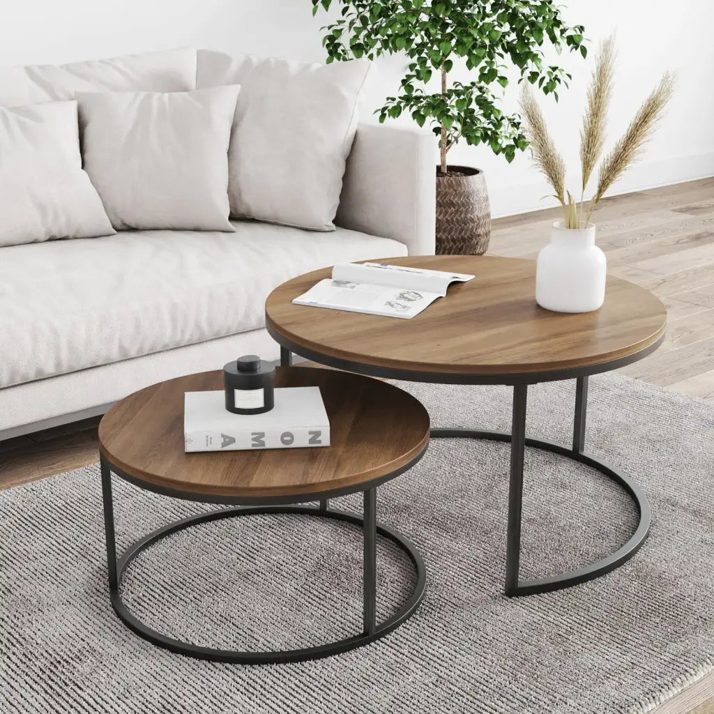 Round Nesting Coffee Table Set in Reclaimed Oak and Gunmetal, Reclaimed Oak-Gunmetal