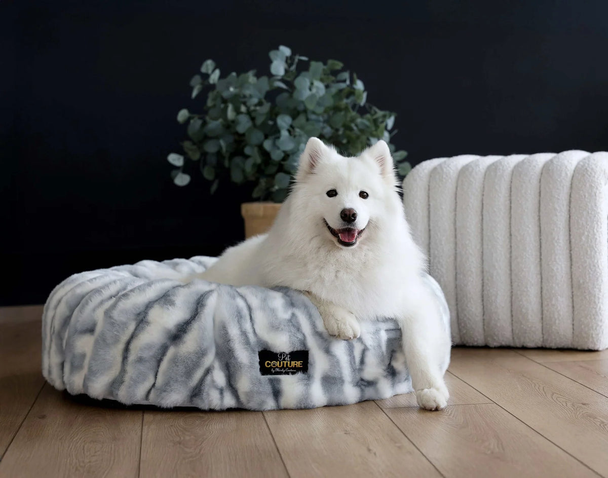 Round Orthopedic Pet Bed with Memory Foam, Waterproof Lining and Washable Zip-Off Cover in Cloudy Day Blue