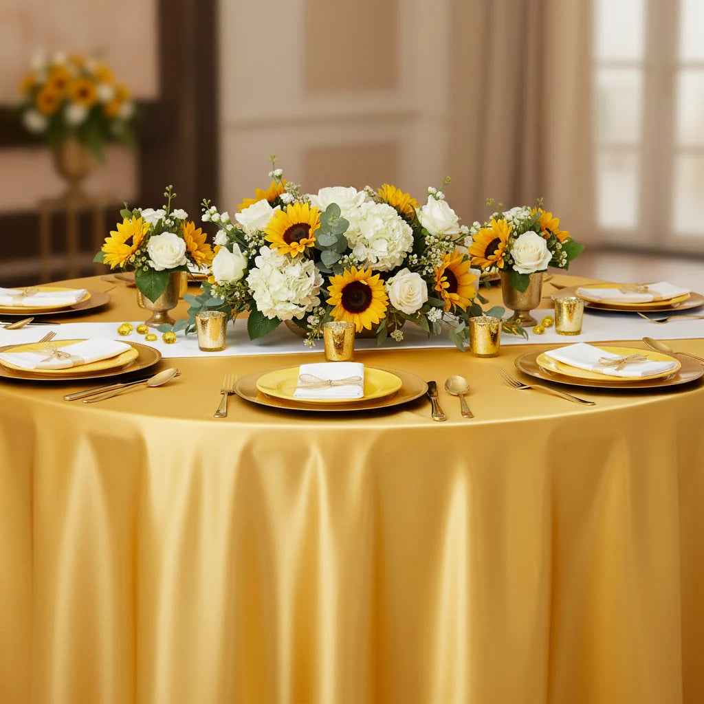 Round Satin Tablecloth in Bright Gold, 120-Inch Diameter