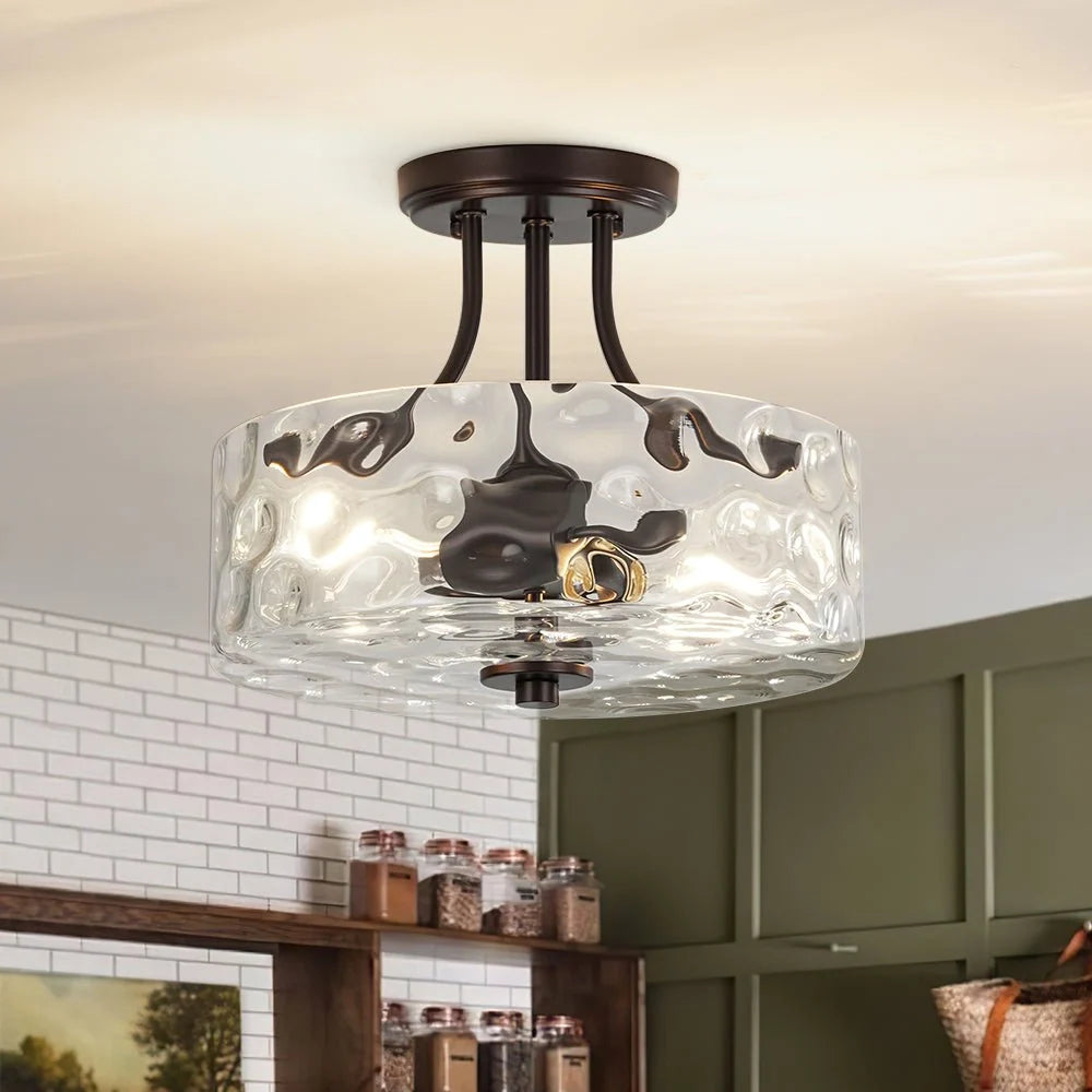 Round Semi Flush Mount Ceiling Light with Clear Hammered Glass Drum Shade and Two E26 Bulb Sockets