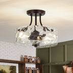 Round Semi Flush Mount Ceiling Light with Clear Hammered Glass Drum Shade and Two E26 Bulb Sockets