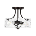 Round Semi Flush Mount Ceiling Light with Clear Hammered Glass Drum Shade and Two E26 Bulb Sockets
